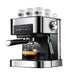All-in-one espresso machine with milk frother brewing a fresh espresso shot in a glass cup.