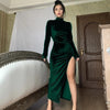 High Neck Long Velvet Dress Slim Slit Women's Dress