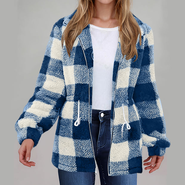 Women's Long-sleeved Plaid Lapel Zipper Plush Coat