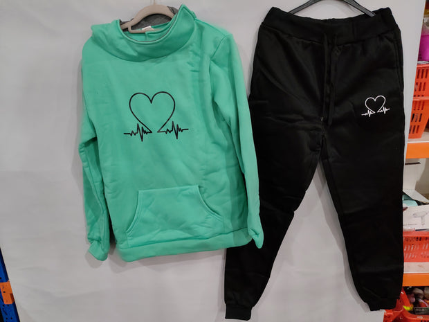 Love Heart Printed Sports Suit Hooded Sweatshirt Top And Drawstring Pants Fashion Casual Clothing For Women