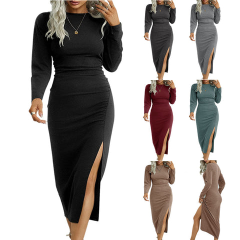 Solid Colour Round Neck Slim Fit Long Sleeve Split Temperament Dress