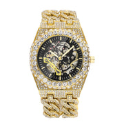 Full Diamond Hip Hop Cuban Link Chain Stitching Hollow Automatic Mechanical Watch