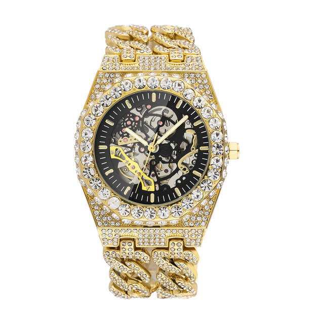 Full Diamond Hip Hop Cuban Link Chain Stitching Hollow Automatic Mechanical Watch