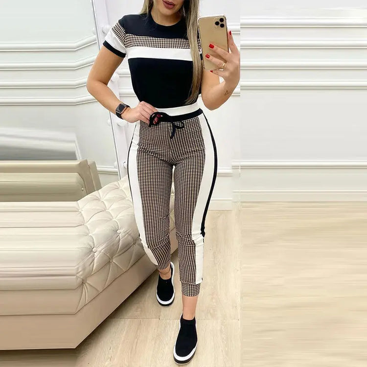 Fashion Women Sets Short Sleeve Tops High Waist Pant Douson Odeh