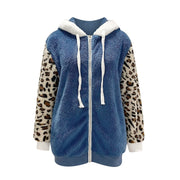 Long-sleeve Zipper Leopard Splicing Hooded Plush Coat For Women
