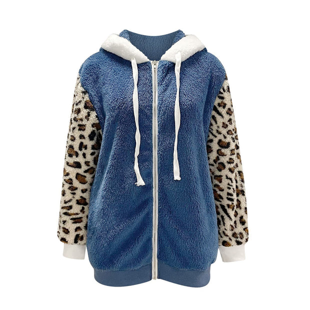 Long-sleeve Zipper Leopard Splicing Hooded Plush Coat For Women