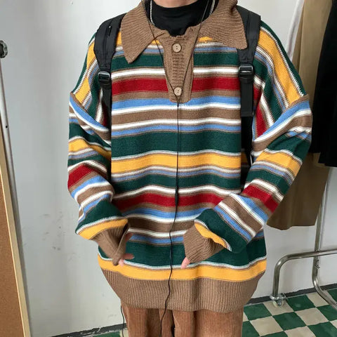 Vintage Colored Striped Polo Knit Shirt Douson Odeh