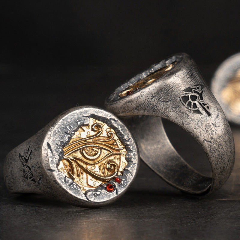 Pharaoh's Treasure Silver Inlaid Copper Ring Horus Eye