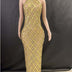 Shimmering Rhinestone High-neck Sleeveless Sexy Mesh Sheer Plaid Evening Gown