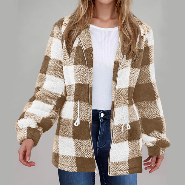 Women's Long-sleeved Plaid Lapel Zipper Plush Coat