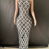 Shimmering Rhinestone High-neck Sleeveless Sexy Mesh Sheer Plaid Evening Gown