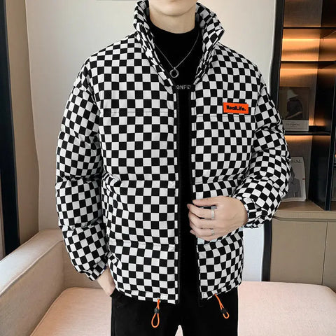 Down Cotton-padded Clothes Chessboard Stand Collar Men Thick Warm Jacket Douson Odeh