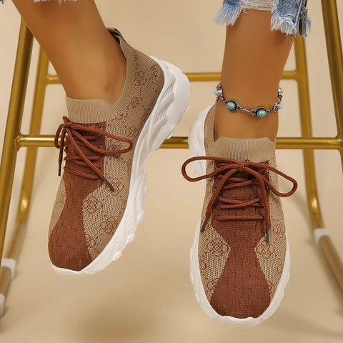 Floral Print Colorblock Mesh Shoes Casual Light Lace-up Sneakers For Women Douson Odeh