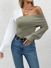 Elegant One Shoulder Patchwork Knit Top