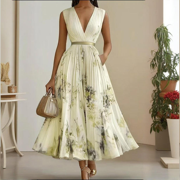 Women's Deep V-Neck Floral Print Sleeveless Maxi Dress With Pockets - Flowy Ruffle Hem Summer Beach Dress