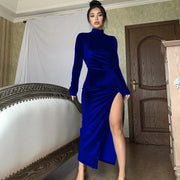 High Neck Long Velvet Dress Slim Slit Women's Dress