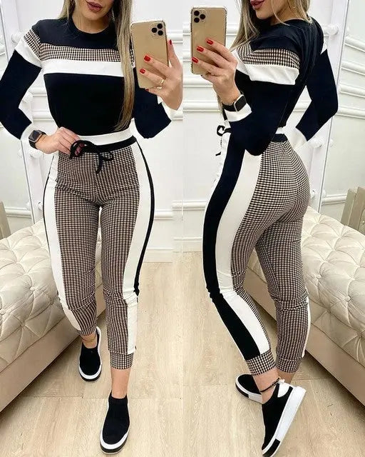 Fashion Women Sets Short Sleeve Tops High Waist Pant Douson Odeh