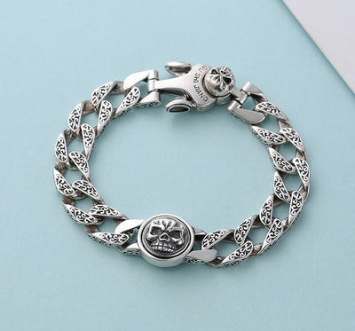 Sterling Silver Ornament Men's Trendy Rotating Skull Retro Fashion Tang Grass Pattern Bracelet