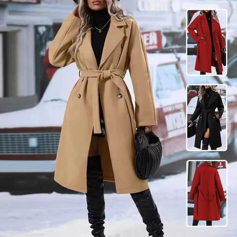 Lapel Double-breasted Trench Coat With Belt Winter Fashion Solid Color Long Jacket Outwear Women Clothing Douson Odeh