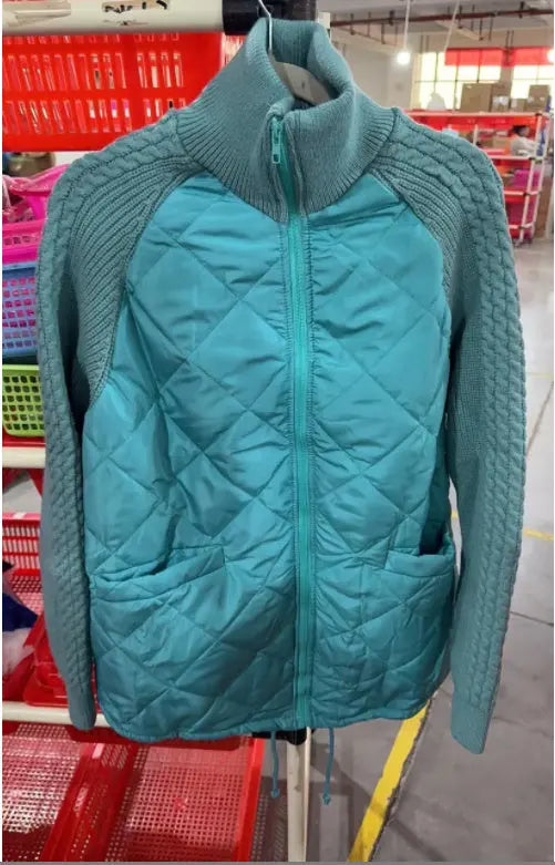 Stand Collar Cotton Jacket With Pockets Fashion Knitted Stitching Zipper Coat Winter Warm Tops For Women Douson Odeh