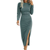 Solid Colour Round Neck Slim Fit Long Sleeve Split Temperament Dress