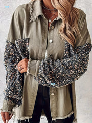 Women'S Long Sleeved Denim Jacket With Sequin Patchwork