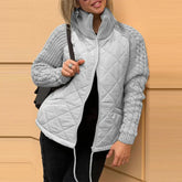 Stand Collar Cotton Jacket With Pockets Fashion Knitted Stitching Zipper Coat Winter Warm Tops For Women Douson Odeh