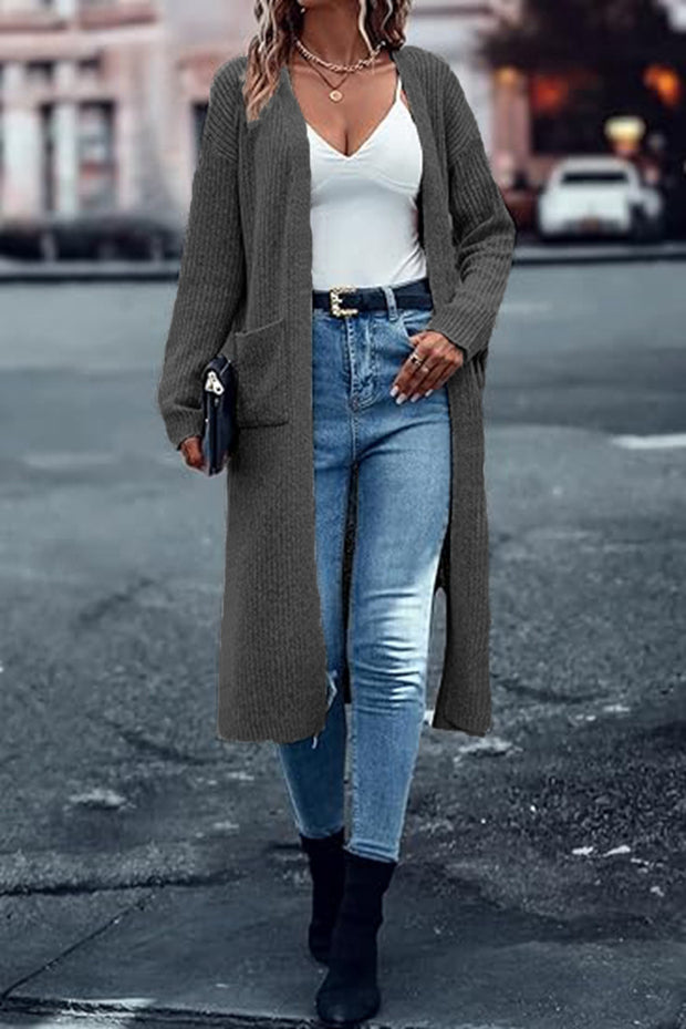 Knitted Pocket Cardigan Long Slit Loose Coat Sweater
