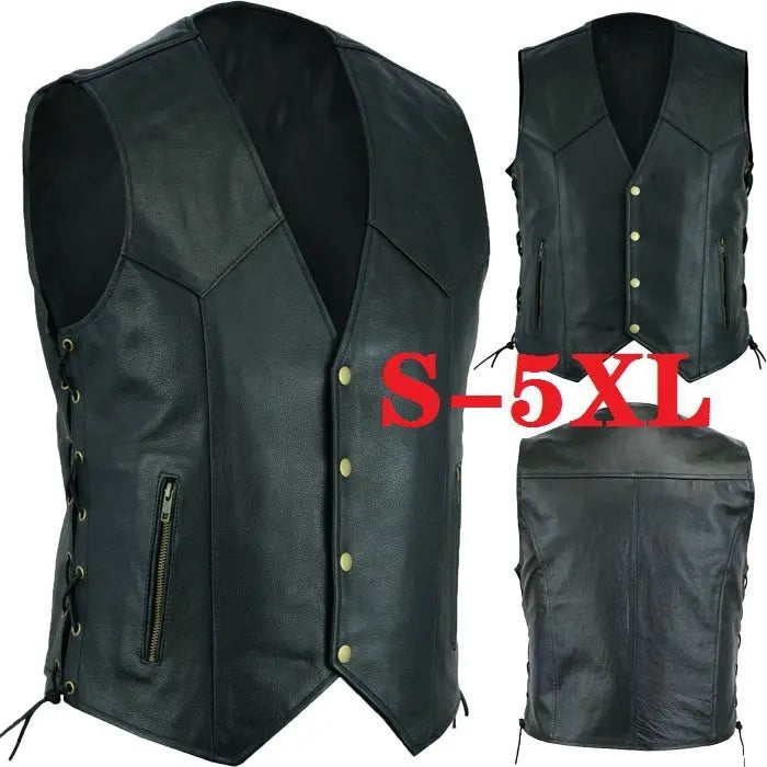 Men's Leather Waistcoat V-neck Single Breasted Side Zipper Lace Up Short Sleeveless Top Douson Odeh