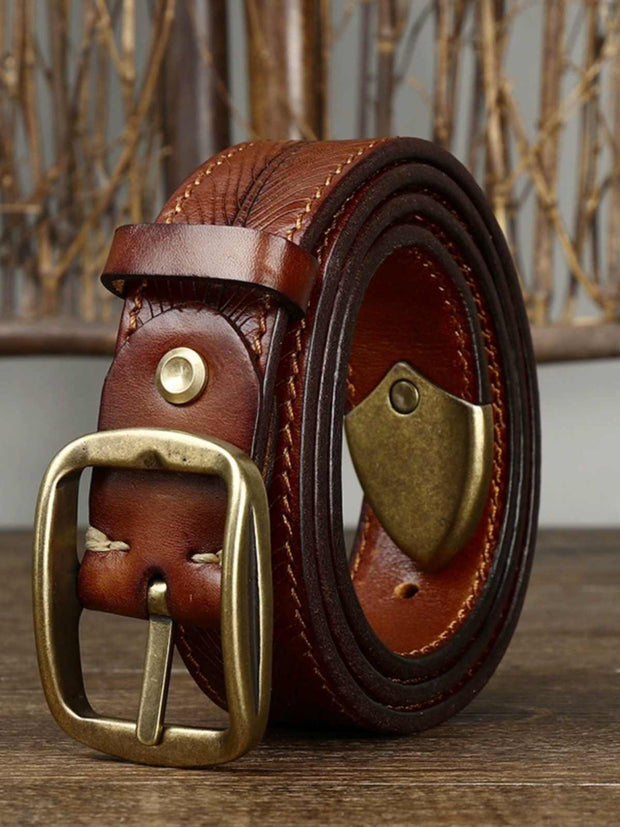 3.8CM Wide Thick Double-sided Cowhide Brass Buckle Belt