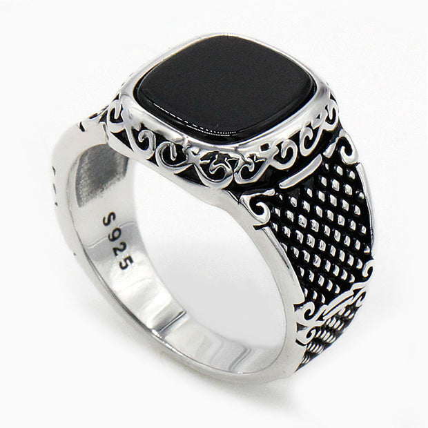 925 Silver Vintage Thai Silver Black Agate Ring