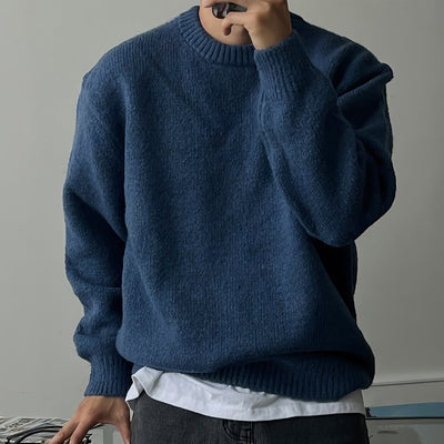 Solid Color Drop-shoulder Round Neck Sweater Men's Warm Thickened Sweater