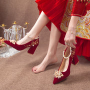 Wine Red Pointed Toe Chunky Heel Wedding Shoes For Women