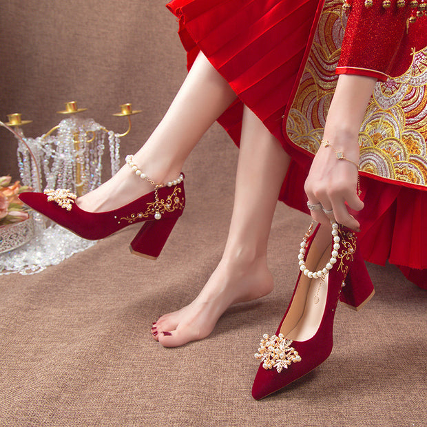 Wine Red Pointed Toe Chunky Heel Wedding Shoes For Women