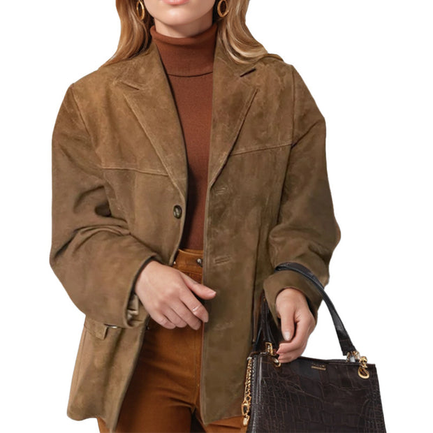 Elegance Retro Brown Loose Pockets Long Sleeve Suit Coat