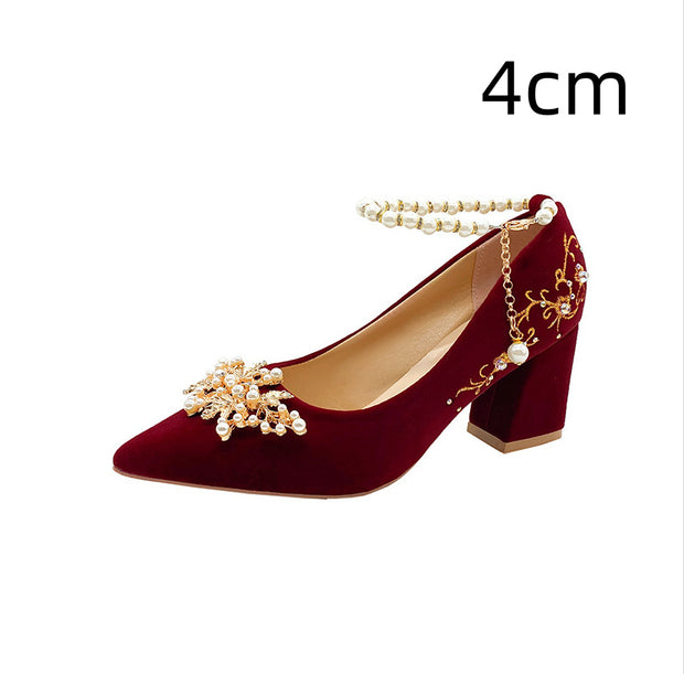 Wine Red Pointed Toe Chunky Heel Wedding Shoes For Women