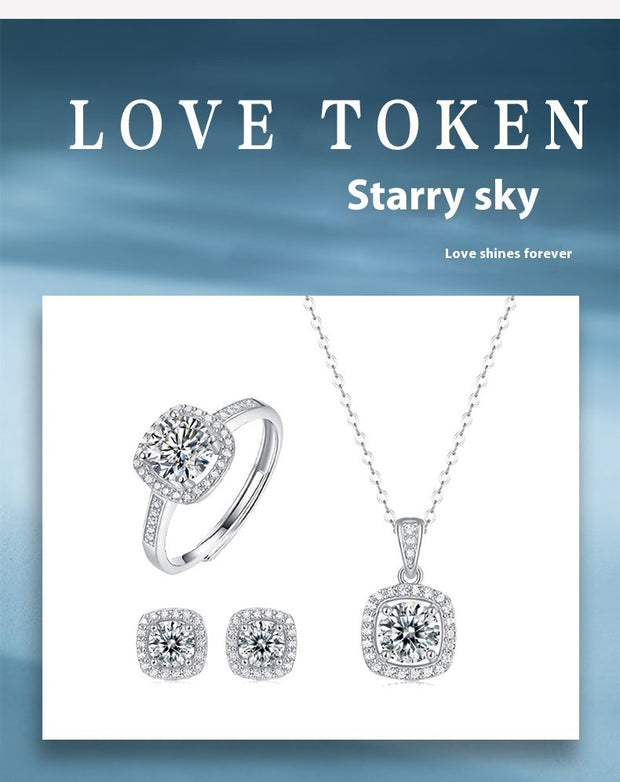 Korean Style Asterism Moissanite Ring Necklace Suit