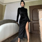 High Neck Long Velvet Dress Slim Slit Women's Dress