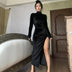High Neck Long Velvet Dress Slim Slit Women's Dress