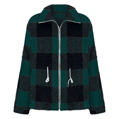 Women's Long-sleeved Plaid Lapel Zipper Plush Coat