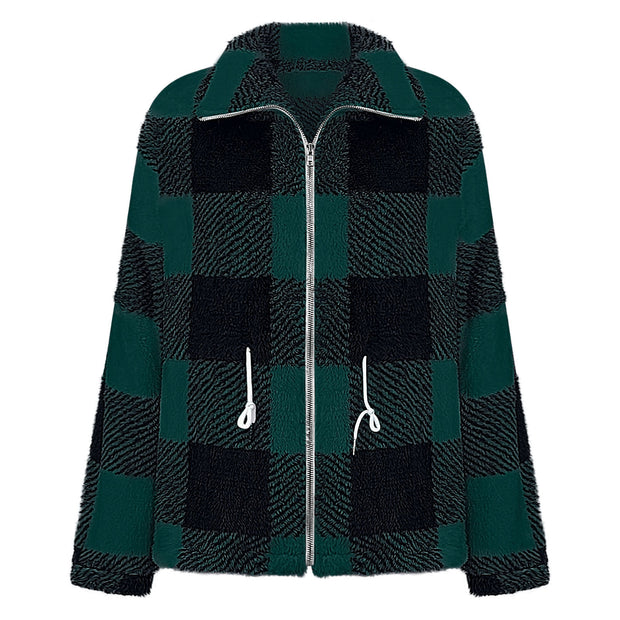 Women's Long-sleeved Plaid Lapel Zipper Plush Coat