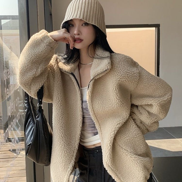 Korean Leisure Simple Stand Collar Loose All-match Lamb Wool Coat