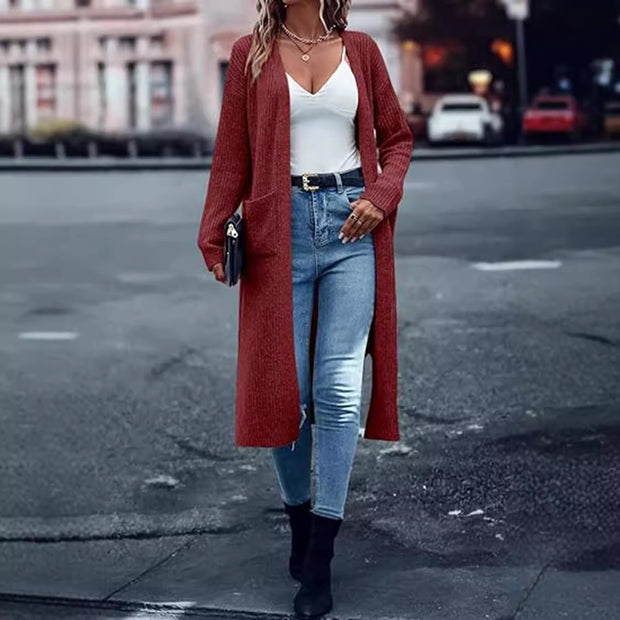 Knitted Pocket Cardigan Long Slit Loose Coat Sweater