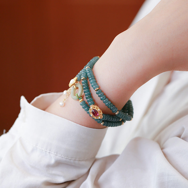 Blue Water Jade Abacus Beads Three Rings Tourmaline Pearl Bracelet