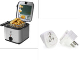 electric air fryer skewer machine with food inside and electrical plug accessories.