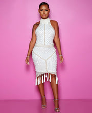 Sexy Wrap Bust Outback Beaded Fringe Sleeveless Knit Slip Dress