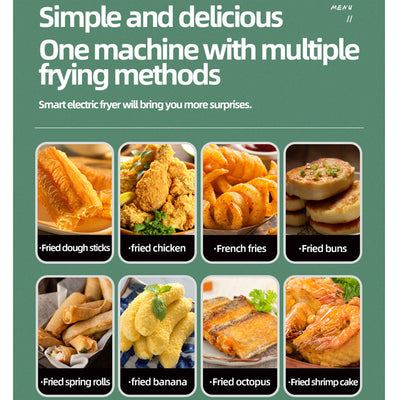 electric air fryer skewer machine with fried dough sticks, chicken, fries, buns, spring rolls, banana, octopus, shrimp cake.
