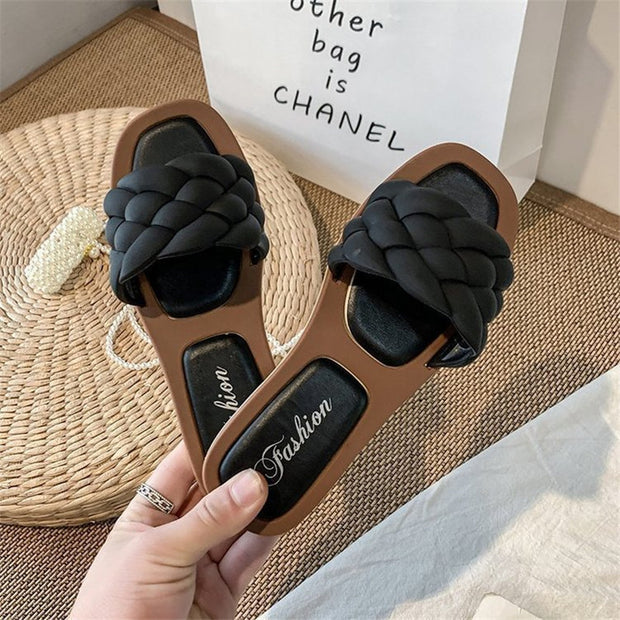 Flat Square Toe Fake Woven Korean Sandals