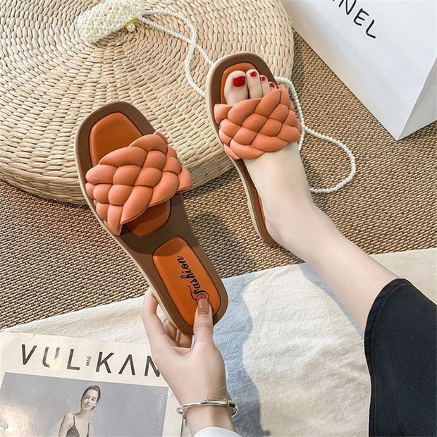 Flat Square Toe Fake Woven Korean Sandals