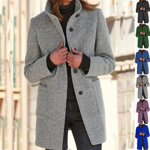 Fashion Stand Collar Woolen Coat With Pockets Fall Winter Casual Button Outwear For Women Clothing Douson Odeh